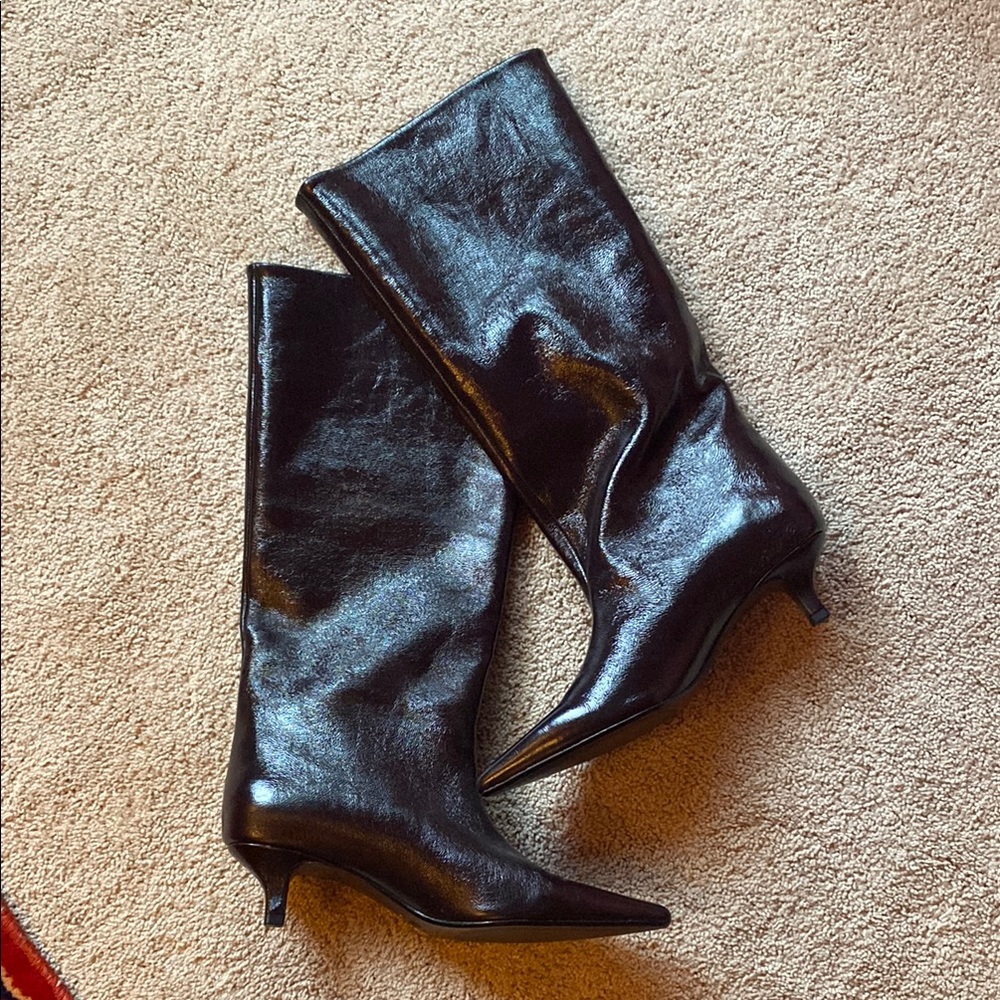 ZARA Burgundy, vegan kitten heeled, wide knee high boots